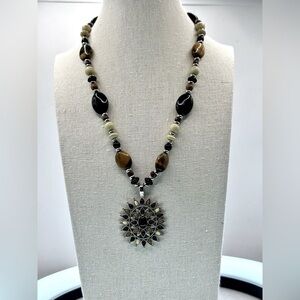 Signed CHAPS Brown Black Beaded with Tiger Eye Stones Necklace and‎ Pendant 18”